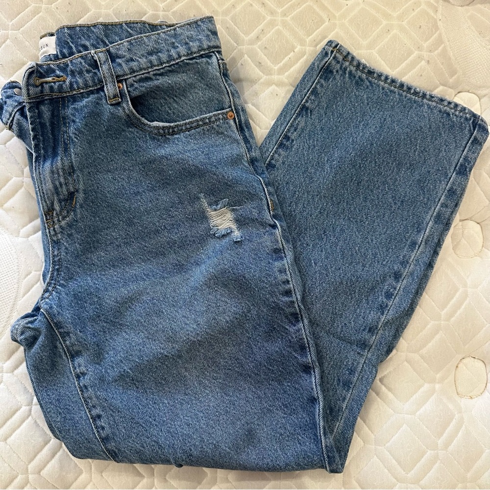 blue distressed straight jeans